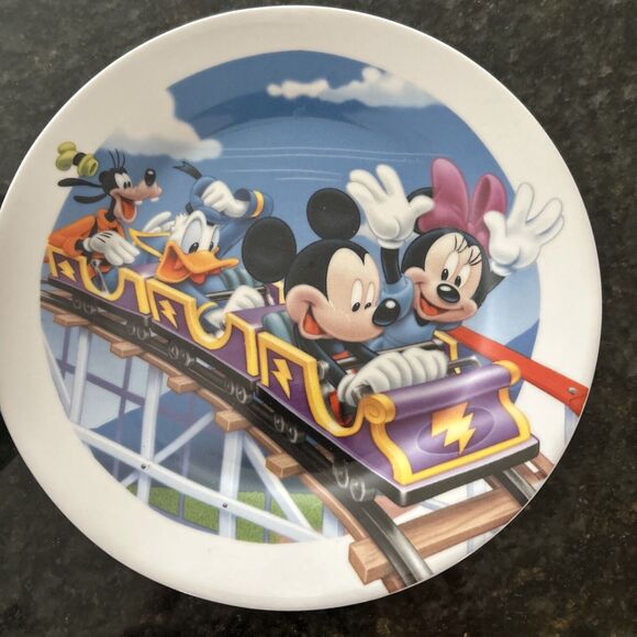 Disney VTG 7.5" Round Plate & Bowl Mickey Minnie Goofy Donald On Roller Coaster - Picture 2 of 5
